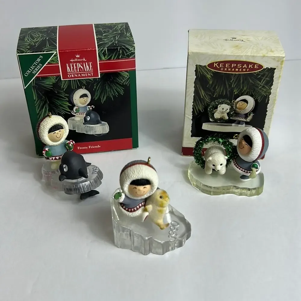 3 Ornaments FROSTY FRIENDS Hallmark Inuit Seal Whale Polar Bear 1990's VTG